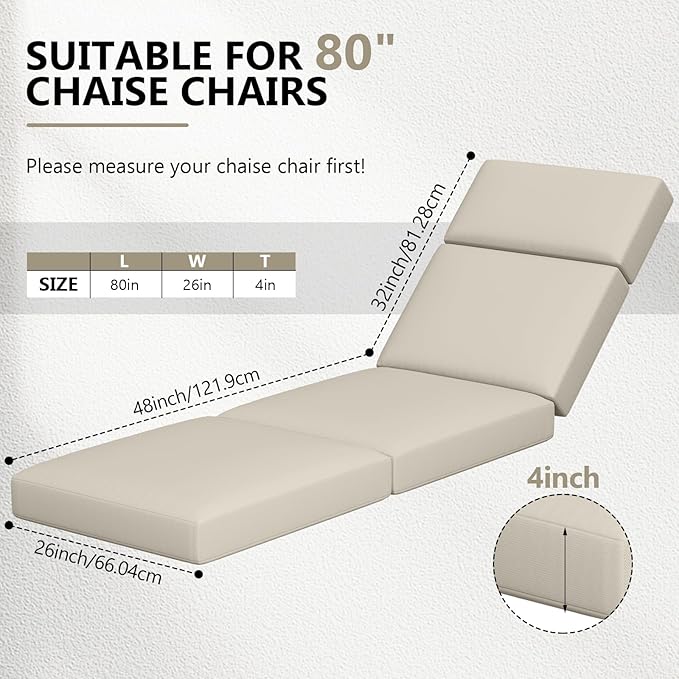 4 Pcs Chaise Lounge Cushions Outdoor, 80 x 26 x 4 Inch Lounge Chair Cushions for Outdoor Furniture - Waterproof Lounge Patio Replacement Cushion, 4In Fade-Resistant ThickPatio Chaise Lounge Cushion