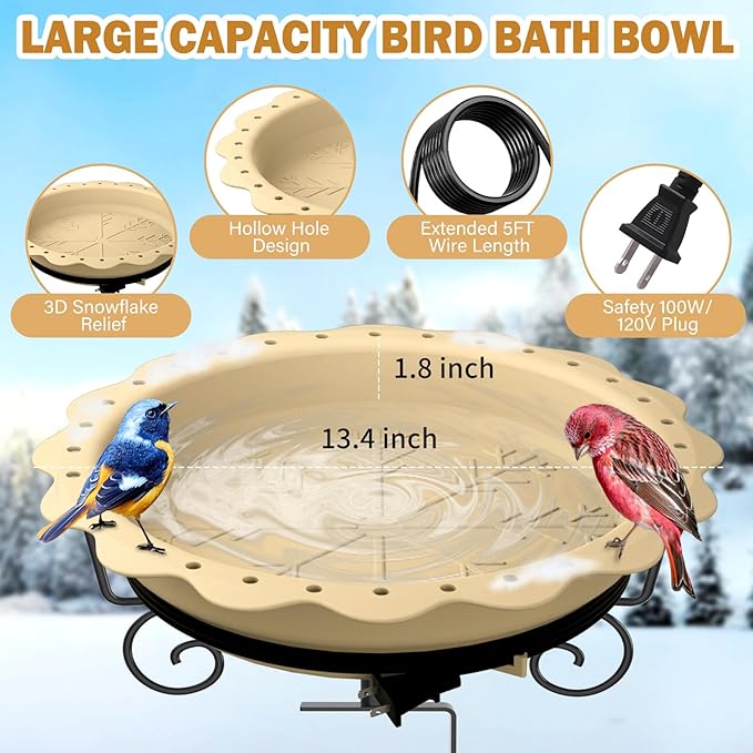 Heated Bird Bath for Deck Railing, Powerful 100W Thermostatically Controlled Heated Bird Baths for Outdoors for Winter, Heated Birdbath Water Heater for Outside Garden Yard Patio Lawn (Khaki)