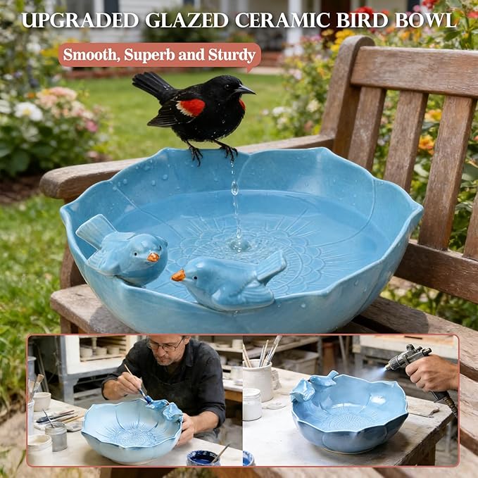 Ceramic Bird Bath for Outdoors, 10.1” Hand-Painted Glazed Ceramic Bird Baths Bowls and Feeders for Outside, UV/Frost-Resistant Finish Ground Garden Table Top Bird Baths Decor for Patio Yard Home Blue