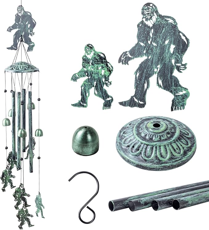 35" Metal Bigfoot Wind Chimes with 6 Chimes and 4 Aluminium Tubes, Bigfoot Gifts for Men and Women, Beautiful Sounds Sasquatch Gifts for Outside, Home, Lawn, Porch, Patio, Garden Decor(Vintage Green)