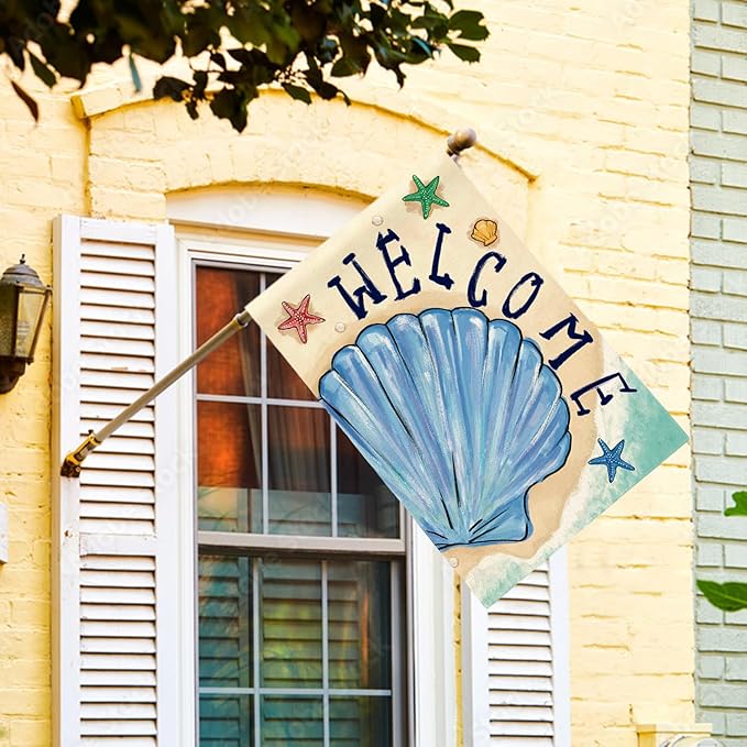 AVOIN colorlife Summer Coastal Beach Shell House Flag 28x40 Inch Double Sided, Welcome Seasonal Nautical Burlap Yard Outdoor Decoration