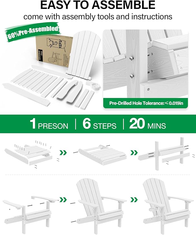 YEFU Adirondack Chair Weather Resistant: Outdoor Chair HIPS Plastic Adirondack Chairs - Patio Chairs with Wood Texture - Lawn Fire Pit Deck Porch Garden Chairs for Adults (White)