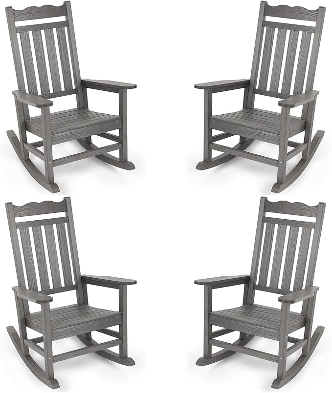 Stoog Patio Rocking Chairs Set of 4, All-Weather HIPS Outdoor Rocking Chair, Rocking Chairs for Outside, Porch, Backyard, Lawn, Garden and Indoor, Grey
