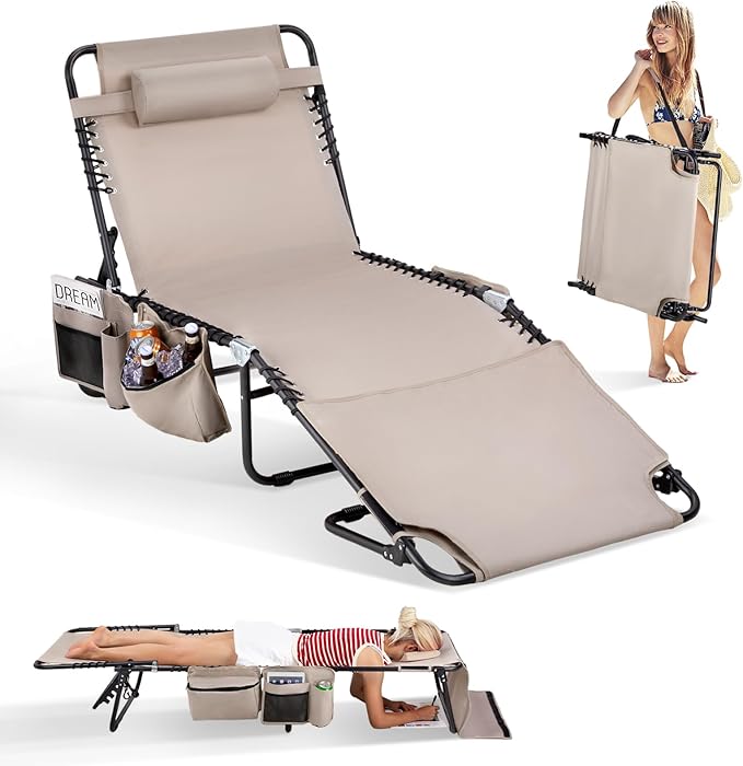 Bonnlo Oversized Folding Tanning Chair with Face Hole & Carrying Bag,Beach Lounge Chair Outdoor for Adults, Portable Sunbathing Recliner,Laying Out Chairs for Tanning Lounger Outside,Supports 265 lbs
