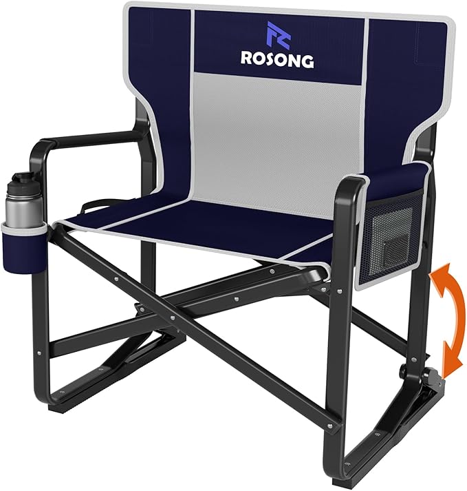 Rocking Camping Chair Rocker, Folding Chair Lawn Chairs with Cup Holders Foldable Outdoor Freestyle Navy Blue