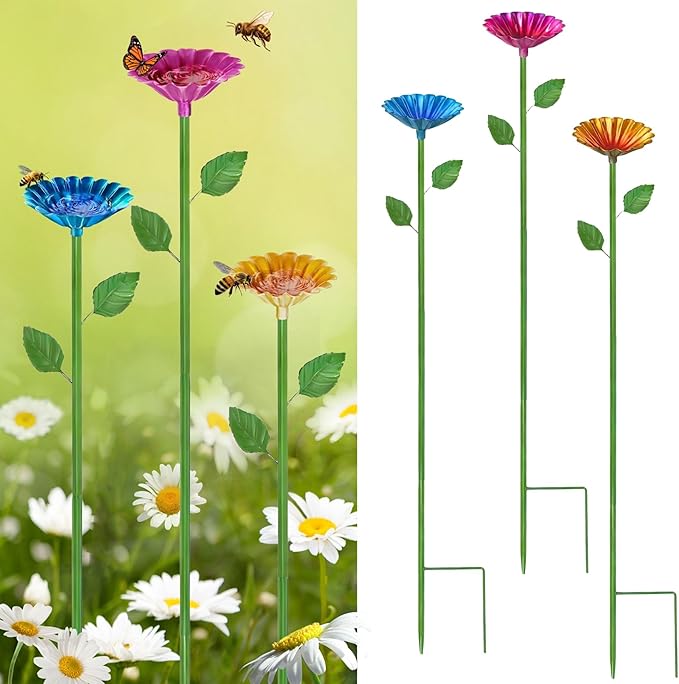 3 Pack Bee Watering Station for Garden, Metal Bee Bath and Feeder Cups with Colorful Flower Design, Butterfly Bee Bath Bowls and Water Feeder for Outdoor Garden Yard Decor (Red, Yellow, Blue)
