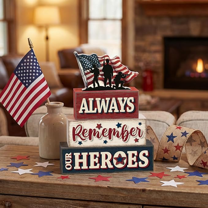4 Pcs Memorial Day Table Decor Patriotic Always Remember Our Heroes Wooden Sign Fourth of July Tiered Tray Decor Red White Blue Table Centerpiece for Home Office Desk Shelf Mantel Decorations