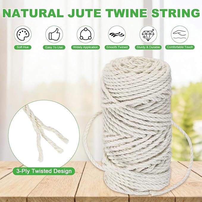 1-Pack Natural Jute Twine String, 4.5mm x 164ft/50m Long Garden Twine String for Crafts/Gift Wrapping/Gardening Plants, Durable Plant Ties Thick Rope [White]