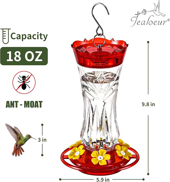 Hummingbird Feeder for Outdoors Hanging, 18 OZ Humming Birds Feeders with 6 Bee Guard Feeding Ports & Built-in Ant Moat, Easy to Clean, Durable Outdoor Garden Decor(Clear A 1 Pack)