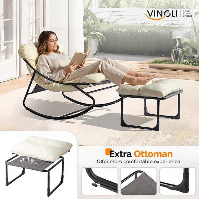 VINGLI Outdoor Rocking Chair with Ottoman, Comfortable Cushioned Lounge Chair for Indoor & Outdoor, Supports 400 LBS, White