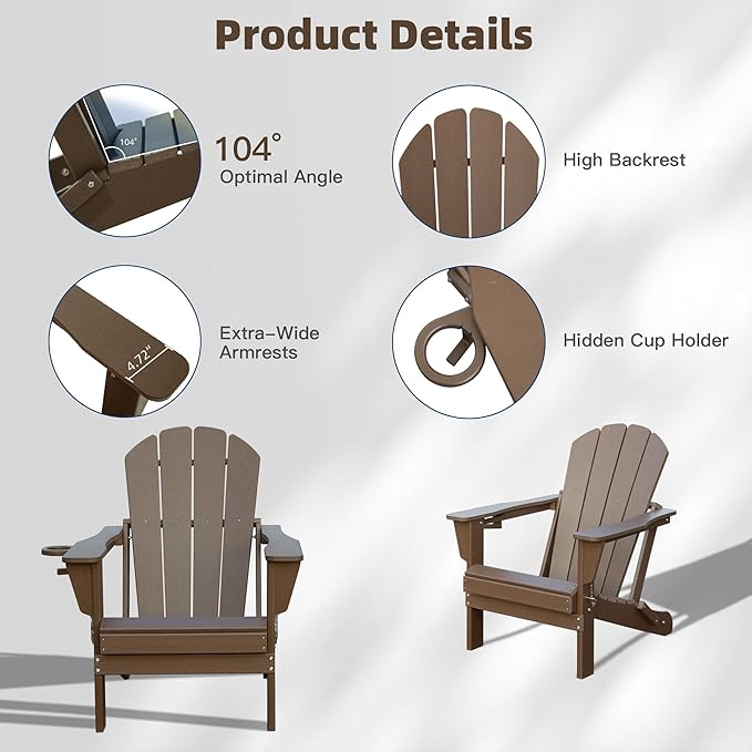 Domi Folding Adirondack Chairs Set of 8, HDPE All-Weather Outdoor Chairs with Cup Holder, Wooden Textured Fire Pit Chairs for Backyard, Patio, Poolside & Deck,Khaki