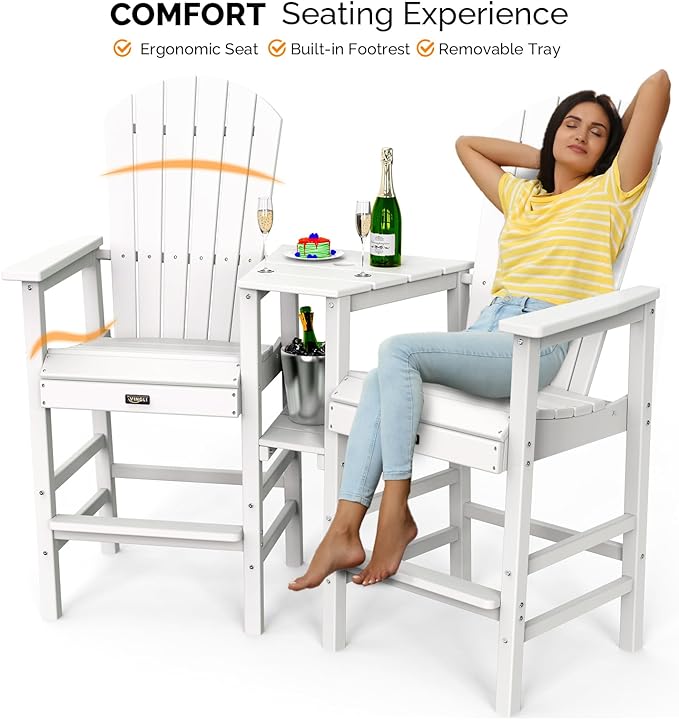 VINGLI Tall Adirondack Chairs Set of 2 with Dual Trays, All-Weather HDPE Outdoor BarStools Poly Deck Chairs for Patio, Poolside and Balcony (White)