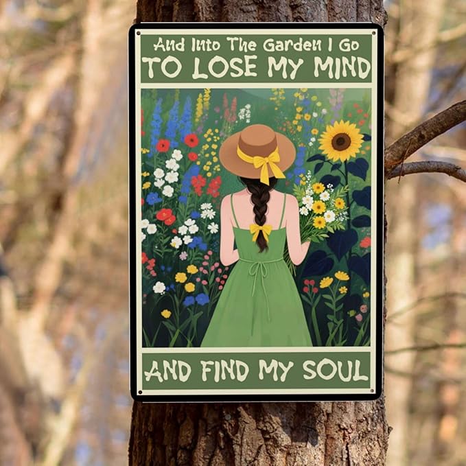 And Into The Garden I Go Women's Garden Gift Vintage Metal Tin Sign Retro Rustproof Funny Art Wall Decor for Yard Backyard Patio Porch 8x12 Inch