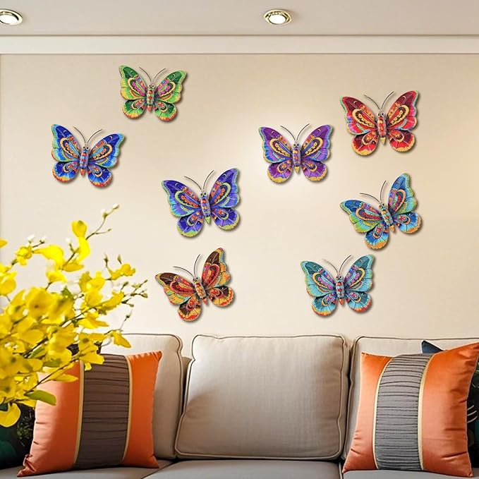 Junware 8 Pieces Metal Butterfly Wall Art Decor - 5.9" Outdoor Fence Wall Sculpture Decor, Hanging Decoration for Garden Yard Living Room Bedroom Patio Balcony, Nice Gift for Mom Friend