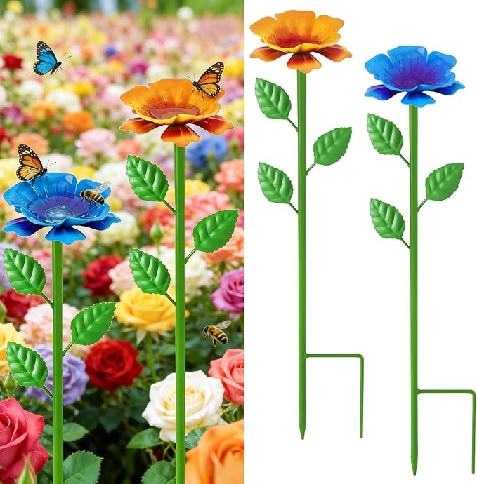 2 Pack Bee Watering Station, Metal Bee Water Station with Flower Design Colorful Butterfly Bath Bowl Drinking Feeder Cups for Outdoor Garden Yard Decor (Blue,Yellow)