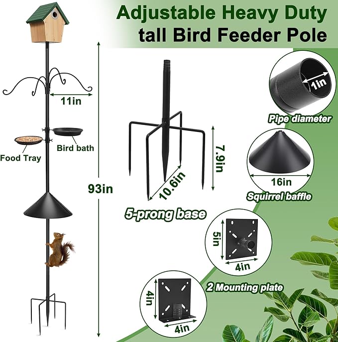 93Inch Bird Feeding Station,Heavy Duty Bird Feeder Pole House Stand Mount Kit with Squirrel Proof Baffle,Adjustable Buddy Poles for Outdoors Hanging.