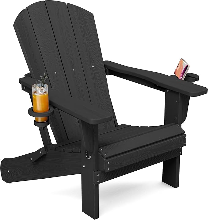 SERWALL Folding Adirondack Chair, Dual Cup Holders, Wood-Like Patio Chair for Backyard, Camping，Pool & Fire Pit- Black