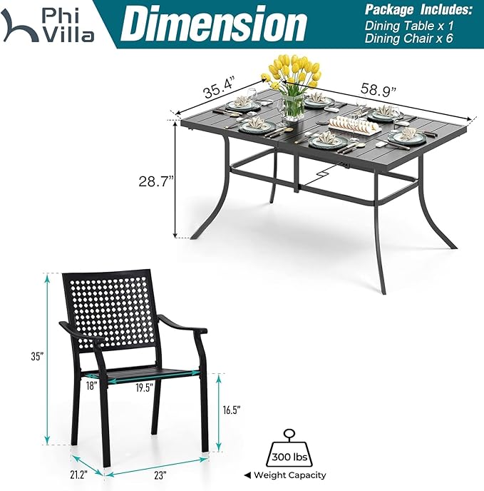 PHI VILLA 7 Pieces Outdoor Dining Set for 6, Rectangular Metal Steel Table with Umbrella Hole & Stacking Iron Chairs with Cushions, Large Furniture Set for Patio, Deck, Yard, Porch