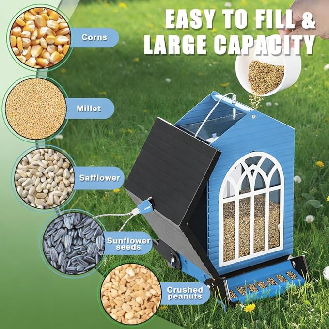 Squirrel Proof Bird Feeder for Outdoors,5LB Large Capacity,Metal Wild Bird Seed Feeder with Bilateral Weight-Activated Perches for Outside Hanging,Garden Decoration,Blue