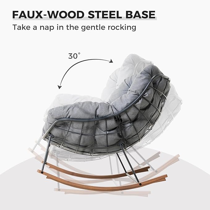 Grand patio Rocking Chair Outdoor, Oversized Papasan Rocking Chair for 2 with E-Coated Steel Frame and Thick Cushion, Comfy Loveseat Rocker for Patio Porch Deck, Grey