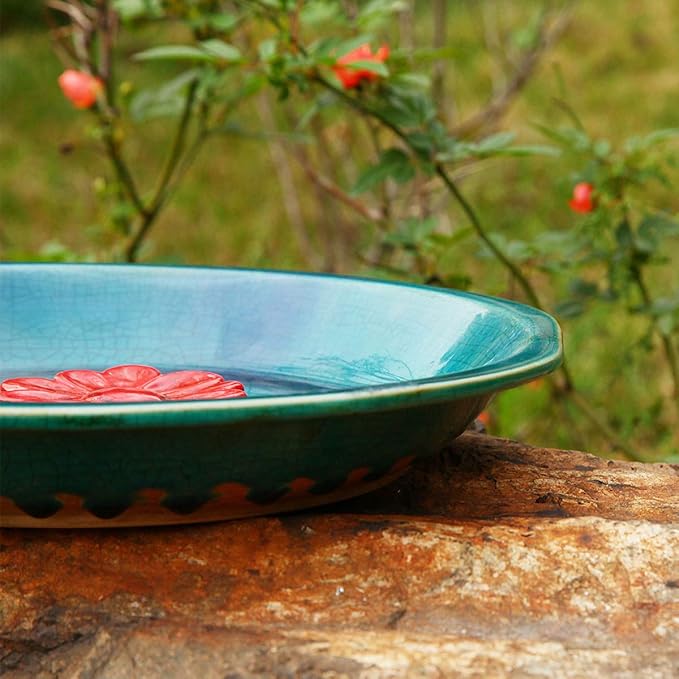 Topadorn Birdbath Ceramic Bowl Decor for Bee Bird Bath Outdoor Garden Vintage Yard ,Blue with Red Flower