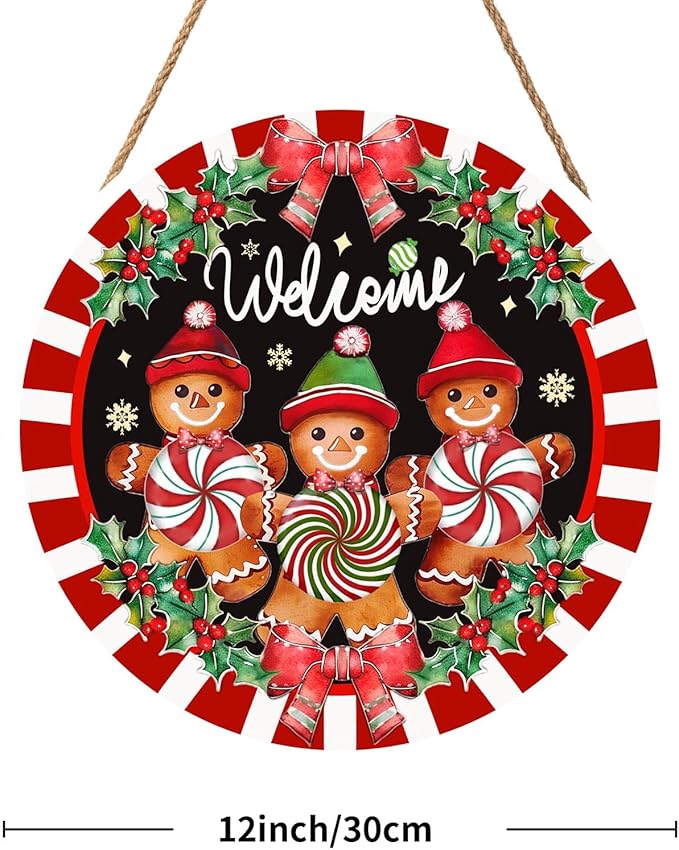 Christmas Gingerbread Man Welcome Door Sign For Front Door Decor,Red White Stripes Holly Berry Wooden Sign 12"x 12" Round Wood Hanging Door Sign Christmas Decoration for Wall Rustic Decor