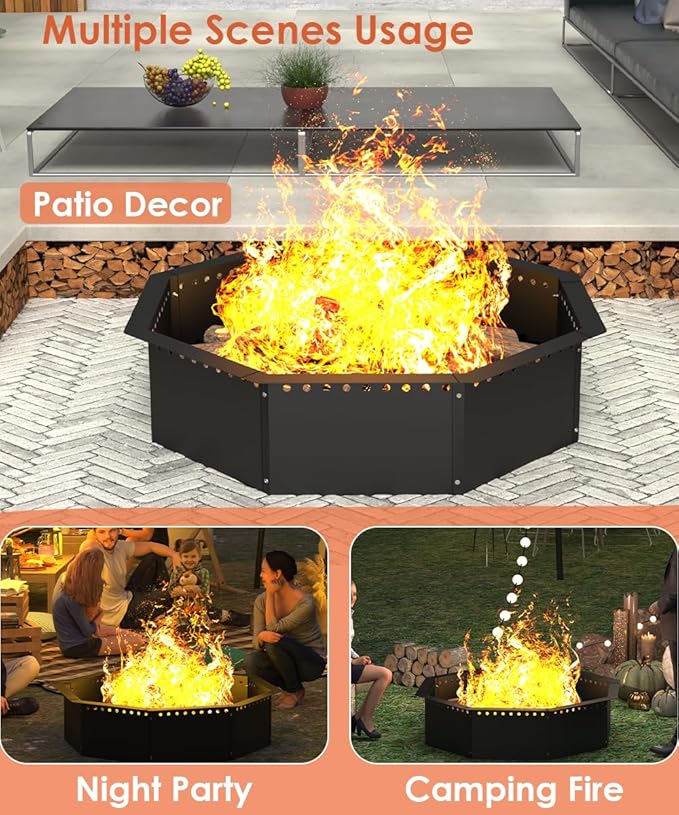 Mocomax Smokeless Fire Pit Ring 40-Inch Outer 36-Inch Inner Diameter, Large Solid Steel Firepit Liner for Outside Wood Burning, DIY Campfire Ring Above or In-Ground for Outdoor, Octagonal