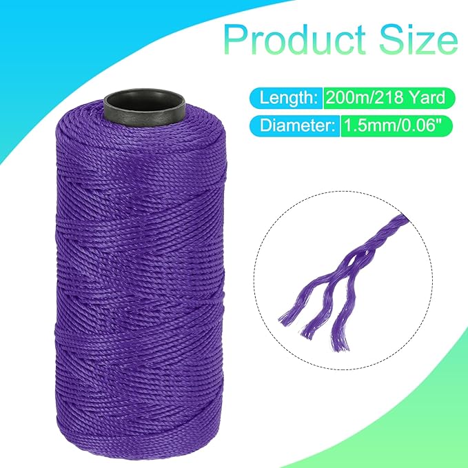 MECCANIXITY Nylon String 3 Strands Twisted Mason Line 1.5mm x 218 Yards Nylon Twine String for DIY Projects, Home Improvement, Gardening, Gift Wrapping, Christmas Party Supplies, Purple