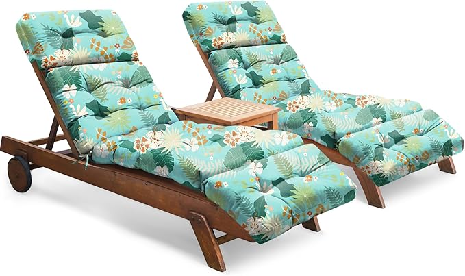 Chaise Lounge Cushions Outdoor Set of 2, 74.4 x 22 x 4.7 Inch Thickened Lounge Chair Cushions Waterproof for Outdoor Furniture with Ties, Non-Slip Patio Pool Lounge Cushions, Cyan Floral Leaf