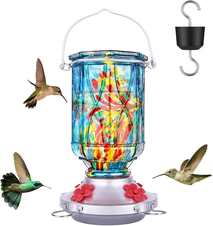 Hummingbird Feeders for Outdoors with Ant Moat, Hand Blown Glass Hummingbird Feeder, 4 Feeding Ports with Perch, Outdoor Garden Décor, 15 OZ, Blue, Gifts for Mom Wife Dad Men Women