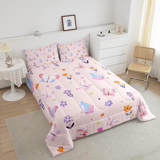 Erosebridal Cute Pink Floral Twin Comforter Set,Butterfly Kawaii Bedding Sets for Girls Kids,Flower Garden Quilt Bed Set,Coquette Girly Flowers Bedroom Decor,1 Pillowcase Breathable