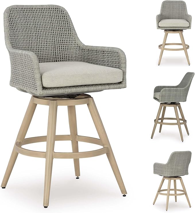 Signature Design by Ashley Seton Creek Casual Nuvella Weather Resistant Fabric, Resin Wicker Swivel Outdoor Bar Height Bar Stool with Cushion, Footrest and Armrest, Set of 2, Beige & Light Gray