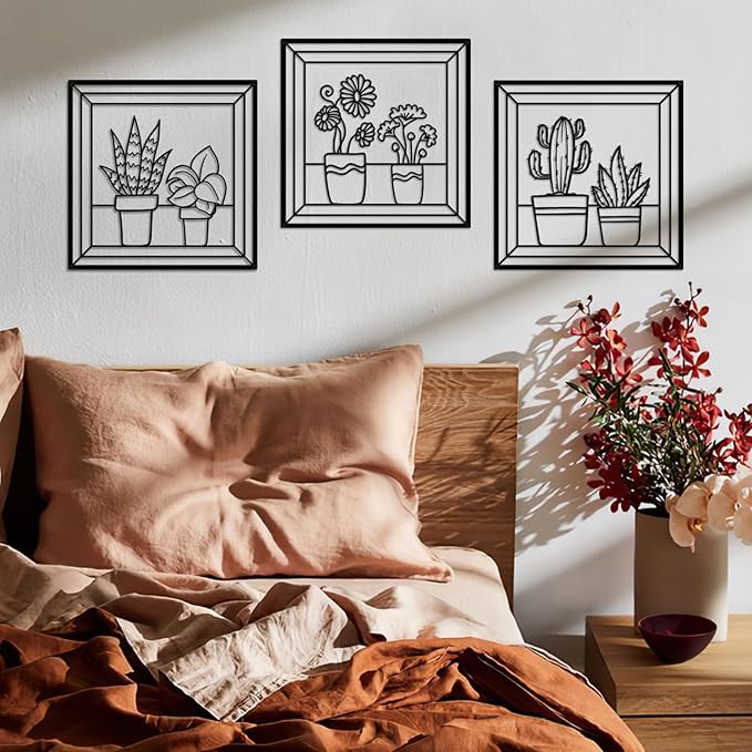 DUOOLN Metal Flowers Wall Art Decor,3Pcs Minimalism Flower in Vase Hanging Iron Hanging Picture, Modern Plant Potted Wall Sculpture Sign,Home Bedroom Bathroom Outdoor Indoor Kitchen Decoration-Black