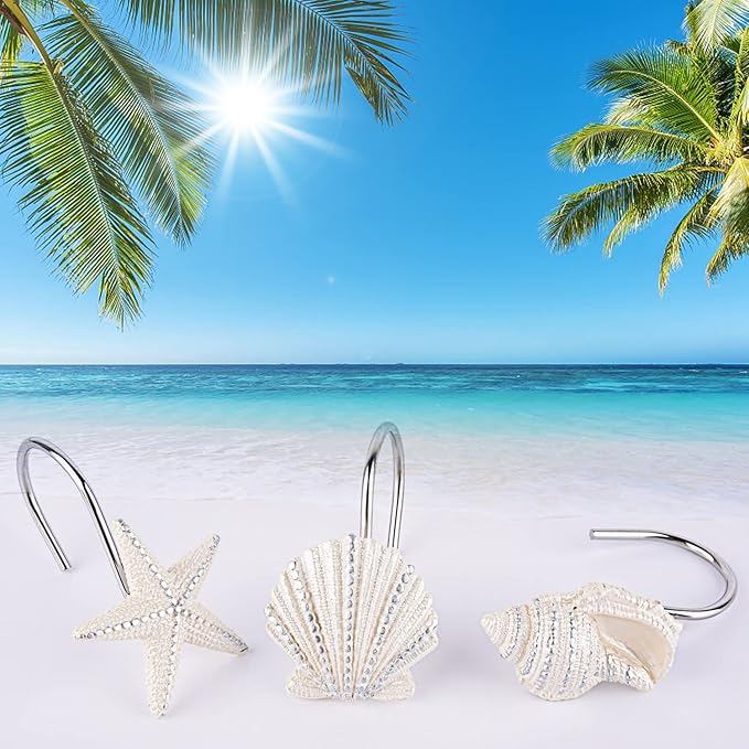 Seashell Shower Curtain Hooks，12PCS Anti Rust Decorative Resin Hooks for Bathroom, Baby Room, Bedroom, Living Room Decor (White Seashell)