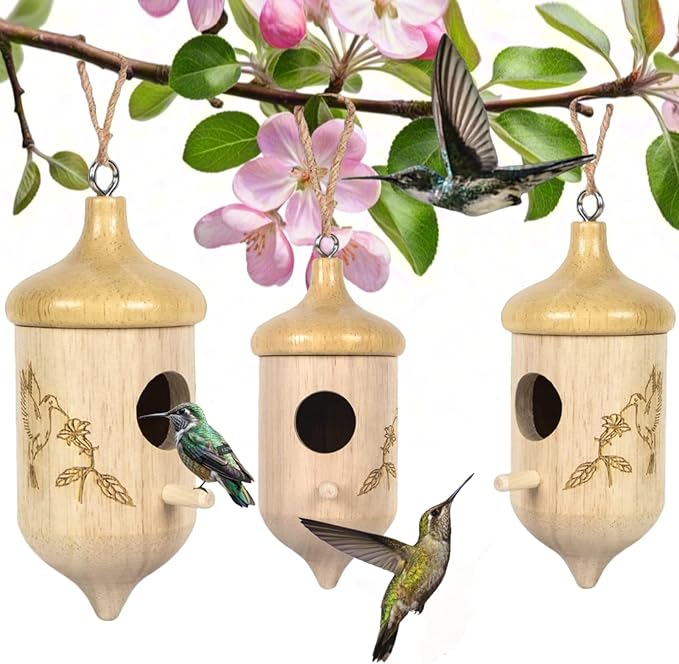 3 Pack Hummingbird House for Outdoors Hanging, Wooden Houses for Outside Nesting, Bird Houses for Garden Window Outdoor Home (Acorn Flowers and Birds)