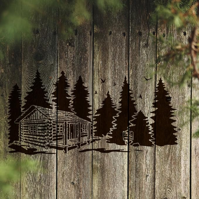 MAYJOYDIY 2pcs Forest Cabin Tree Stencil 22×11inch Splicing Style Forest Pine Cabin Stencil Nature Forest Landscape 11.8×11.8inch Drawing Template with Paint Brush for Art Crafts Canvas Furniture