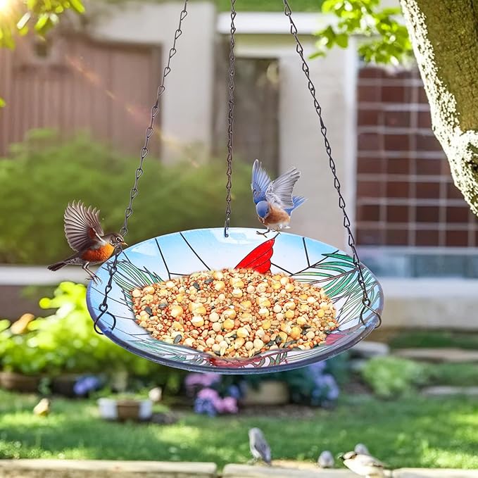 MUMTOP Hanging Bird Baths for Outdoors - Glass Bird Bath, 11 Inch Hanging Bird Bath Cardinal Bird Feeder Bowl for Outside, Garden, Lawn Yard Decor(Blue)