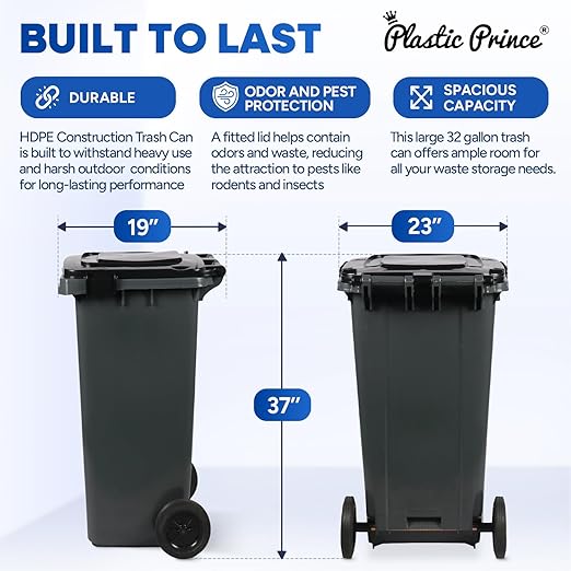32 Gallon Trash Can with Wheels Outdoor Garbage Can with Lid and Wheels Locking Trash Can Commercial Heavy-Duty Garbage Bin Rolling, Plastic 2 Pack