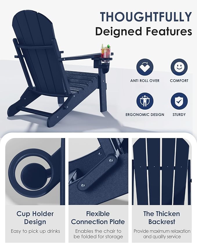 Folding Adirondack Chairs Set of 4, All-Weather Resistant HDPE Patio Firepit Chairs, Sturdy Outside Chairs with Cup Holder, Lawn Chairs, 80% Pre-Installed Load Capacity 385lb, Navy Blue