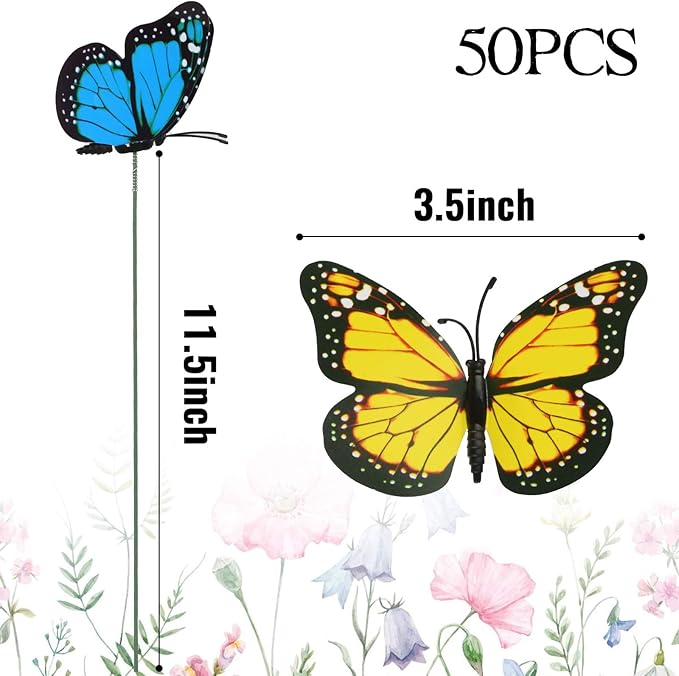 VGOODALL 50pcs Butterfly Garden Decorations, 11.5 inch Plastic Butterfly Stakes Ornaments Artificial Butterflies for Flower Bouquet Arrangements Crafts Outdoor Wall Patio Plant Yard Decor