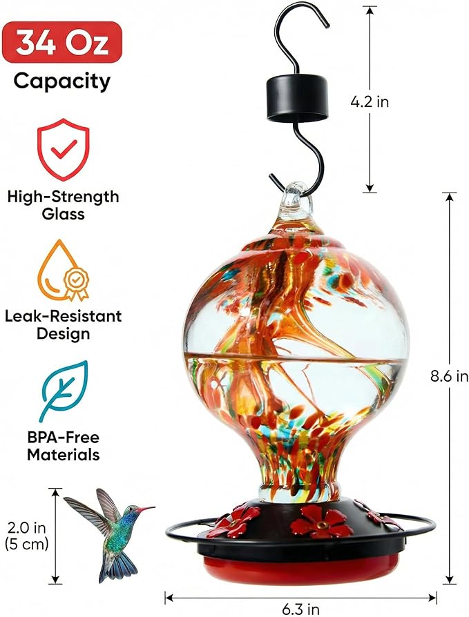 Hummingbird Feeder for Outdoors Hanging, 34 Oz, Hand Blown Gift Inner Glass Décor for Garden, Ant Moat & Bee-Resistant Ports, Decoration Stained Humming Bird Feeders, Sunset Red