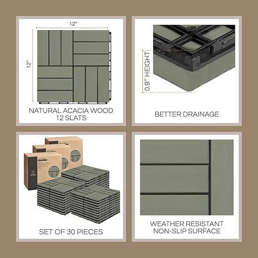 Deck Tiles, Patio Flooring - Outdoor Waterproof Acacia Wood Tiles for All Weather Use - Balcony, Backyard, Indoor & Outdoor (Green Crossed Pattern, 30 Pcs - 30 Square Ft)