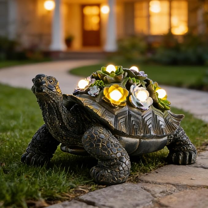 Solar-Powered Succulent Turtle Statue - Resin Garden Decor with LED Lights, Waterproof Outdoor Ornament for Patio, Yard, Lawn - Unique Housewarming Gifts