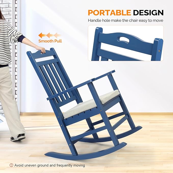 VINGLI Outdoor Rocking Chair, Heavy Duty 450 lbs Poplar Wooden Rocking Chair with High Backrest Design, Come with a Cushion, All-Weather Lounge Rocker Support for Garden, Deck (Navy Blue)