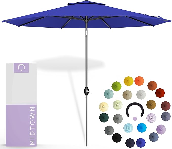 Midtown Umbrellas - 10-Year-No-Fade 6 Ft Patio Umbrella with Terylast Fabric, Auto-Tilt Aluminum Frame and 8 Reinforced Ribs for Deck, Pool, Garden & Beach - Royal Blue Canopy, Black Pole