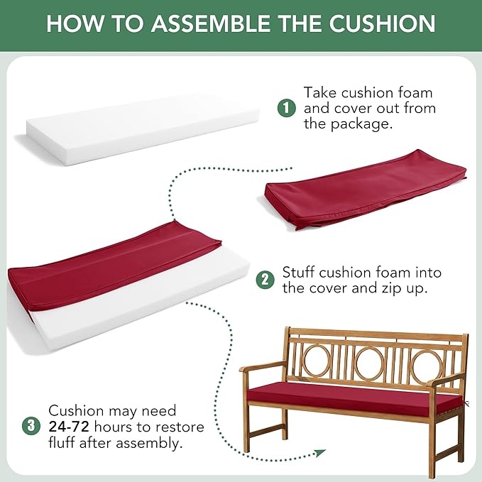 Outdoor Bench Cushion: Waterproof and Fade Resistant Patio Furniture Cushions - Non-Slip Bench Pad Cushion with Removable Cover for Garden Swing Porch Sofa Settee, 59 x 18 Inch, Burgundy