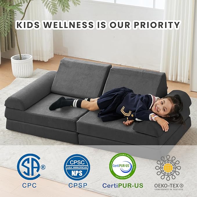 jela Kids Couch Safety Certified Play Couch Soft Kids Sofa with Machine Washable Cover Thick Foam Fort Building Set for Playroom Indoor 57x28x18 Inch (Corduroy, Darkgrey)