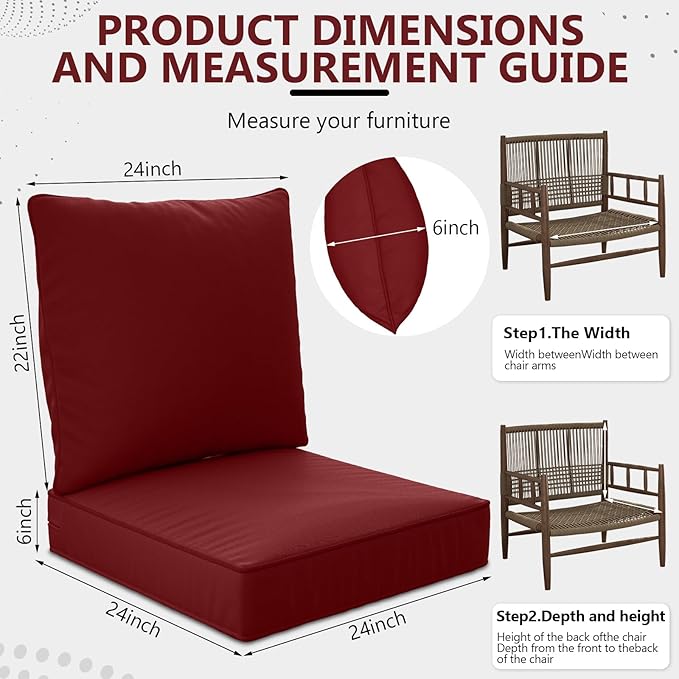24" x 24" x 6" Outdoor Deep Seat Cushions Set - 2 Set Waterproof & Fade Resistant Patio Furniture Replacement Cushions, Non-Slip Outdoor Cushions Fit Loveseats, Couches, Chairs, and Sofas.