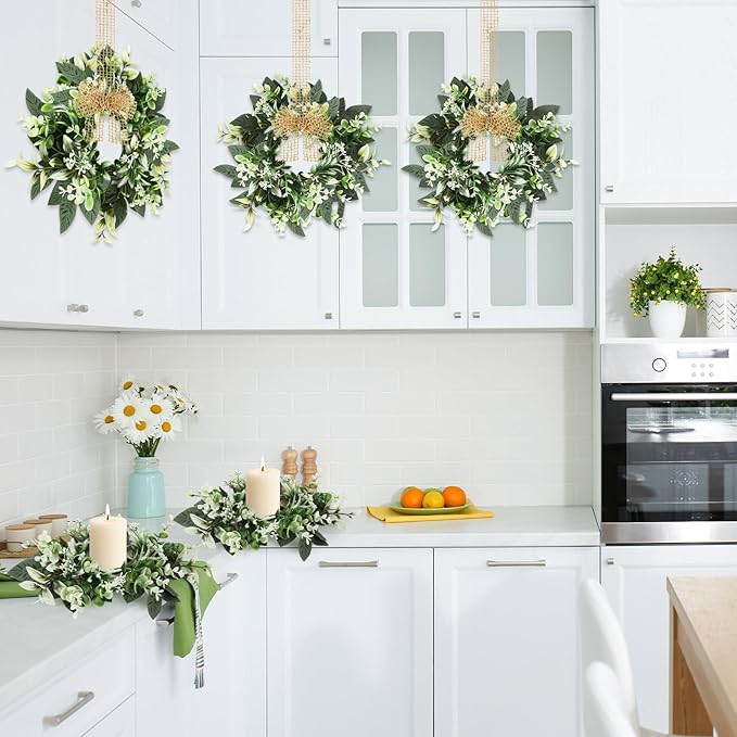 8 PCS Small Eucalyptus Leaves Cabinet Wreath Artificial Mini Spring Summer Greenery Kitchen Wreaths Vintage Swags Wreath with Retro Burlap Ribbon for Farmhouse Rustic Home Door Wedding Wall Decor