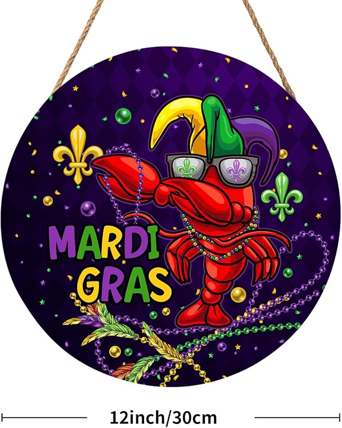 Mardi Gras Carnival Door Sign For Front Door Decor,Purple Yellow Green Mask Wooden Sign 12"x 12" Round Wood Hanging Door Sign Decoration for Wall Rustic Farmhouse Decor